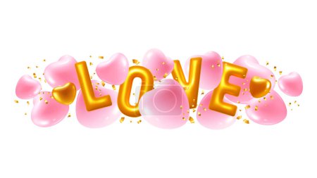 Téléchargez les illustrations : Valentines Day greeting design template. Convex golden letters Love, pink and gold hearts with tinsel isolated on white background. Vector 3d realistic illustration - en licence libre de droit