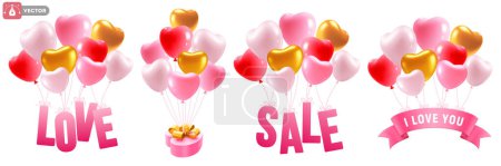 Téléchargez les illustrations : Love, Sale typography text, gift, ribbon with I Love You text, are flying on pink heart shape balloons. Design elements set for valentines day greeting card or banner. Vector isolated 3d illustration - en licence libre de droit