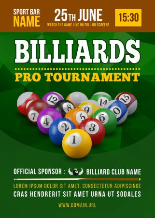 Pool billiards tournament poster with 3d realistic billiards balls. Competition game advertising. Sport event announcement. Place your text and emblems. Vector illustration