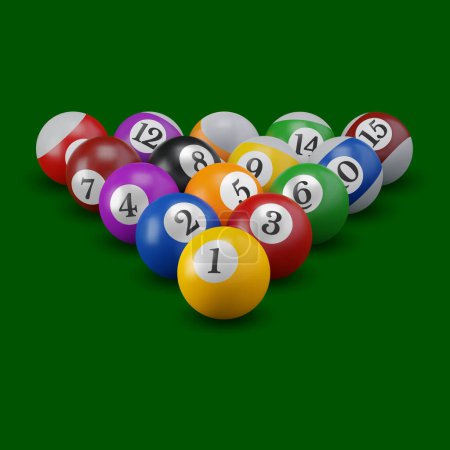 Billard- oder amerikanische Billardkugeln mit Zahlen auf dem grünen Tisch, bereit zum Spielen. Snookerfarbene Kugeln, die in einem Dreieck angeordnet sind. Vektor 3D realistische Illustration