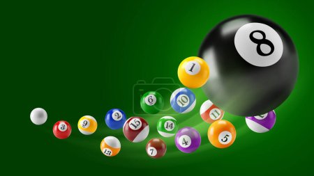 Banner or card template for Pool, Snooker or American billiards club. Ball with number 8 and other balls, flying above green background. Place for text. Vector 3d realistic illustration