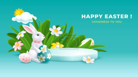 Téléchargez les illustrations : Easter greeting with product podium, cute bunny, colored Easter eggs, spring grass and daisy flowers. Spring trendy 3d graphic concept. Vector realistic illustration EPS10 - en licence libre de droit