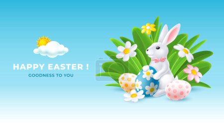 Illustration for Easter greeting banner with cute bunny, colored Easter eggs, spring grass and daisy flowers. Trendy conceptual Easter greeting card with warm wishes. Vector 3d realistic illustration EPS10 - Royalty Free Image