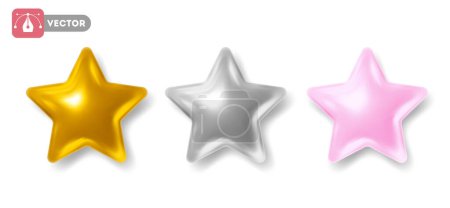 Ilustración de Conjunto de estrellas 3d brillantes de oro, plata y colores rosados. Concepto de feedback de valoración de los usuarios o clientes. Para sitios web, aplicaciones móviles u otro diseño. Ilustración realista vectorial - Imagen libre de derechos