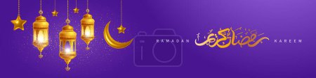 Illustration for Ramadan Kareem greeting banner template. Traditional lanterns, stars and golden crescent, and arabic calligraphy which mean Ramadan Kareem. Violet background. Vector 3d realistic illustration - Royalty Free Image