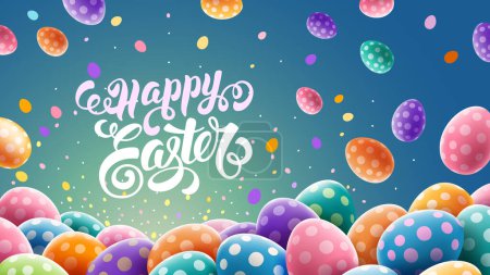 Easter greeting banner or card with many colored Easter eggs painted by polka dot pattern. Eggs flying and falling. Calligraphy inscription Happy Easter. Vector 3d realistic illustration EPS10