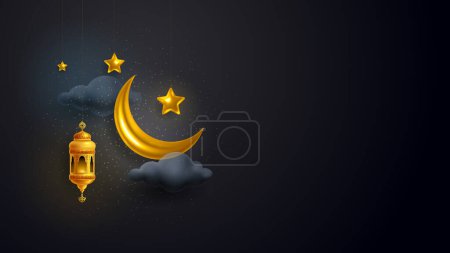 Téléchargez les illustrations : Modèle de carte de vœux de luxe et élégant Ramadan Kareem. Croissant d'or, lanternes et étoiles dans les nuages sur fond sombre. Illustration réaliste vectorielle 3d - en licence libre de droit