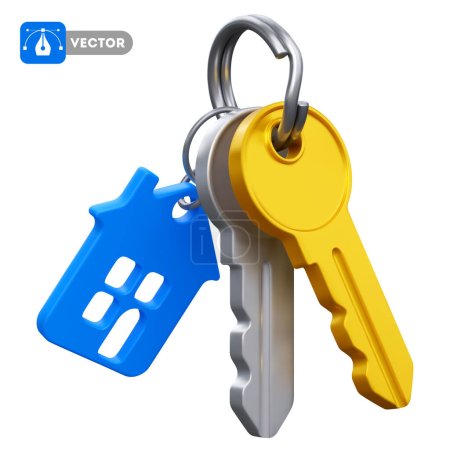 Illustration for Keys with keychain in the form of house. Concept on real estate theme, buying, selling, protection, security, property insurance. Isolated on white background. Vector 3d realistic illustration - Royalty Free Image