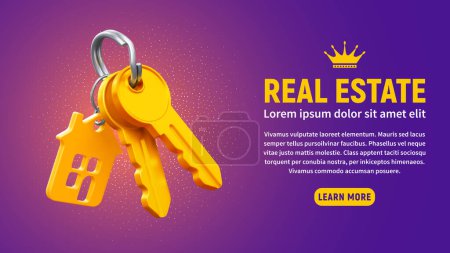 Illustration for Keys with keychain in the form of house. Banner template on real estate theme, buying, selling, protection, security, property insurance, violet background. Vector 3d realistic illustration - Royalty Free Image