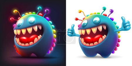 Illustration for Cute smiling toothy Monster, friendly and fun character. Neon colored, isolated on dark and white background. Shows thumbs up. Vector realistic 3d illustration - Royalty Free Image