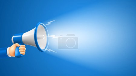 Illustration for Hand with megaphone speaker on blue background. Banner template with conceptual design for advertising of sale, discounts, digital marketing etc. Vector 3d realistic illustration - Royalty Free Image