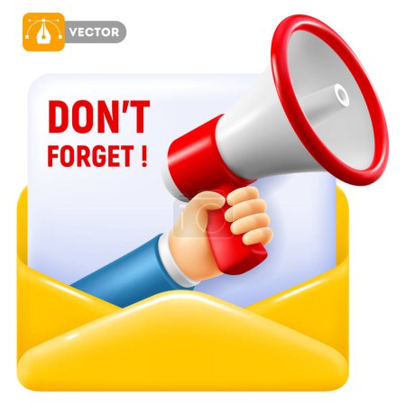 Illustration for Hand with megaphone coming out from yellow envelope, isolated on white background. Conceptual design for advertising of sale, discounts, digital marketing etc. Vector 3d illustration - Royalty Free Image