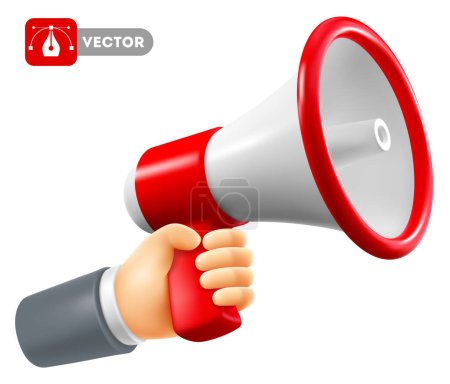 Illustration for Hand holds red and white colored megaphone, isolated on white background. Vector 3d realistic illustration - Royalty Free Image