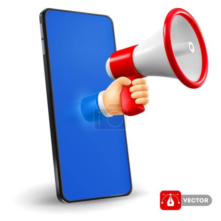 Illustration for Hand in smartphone holds red and white colored megaphone, isolated on white background. Vector 3d realistic conceptual illustration - Royalty Free Image