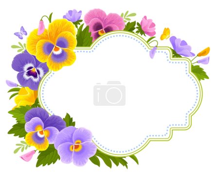 Illustration for Cute greeting card, label or banner template with wildflowers. Purple, yellow and pink pansy flowers, leaves and buds isolated on a white background. Vector botanical illustration - Royalty Free Image