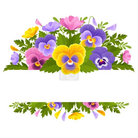 Illustration for Cute greeting card, label or banner template with wildflowers. Purple, yellow and pink pansy flowers, leaves and buds isolated on a white background. Vector botanical illustration - Royalty Free Image