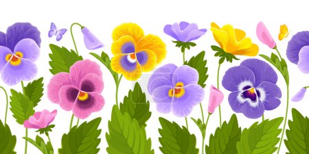 Illustration for Horizontal seamless border with pattern of yellow, purple and pink pansy flowers, leaves and buds isolated on a white background. Cute floral botanical decoration. Vector illustration - Royalty Free Image