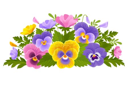 Illustration for Cute bouquet of wildflowers. Yellow, purple and pink pansy, leaves and buds. Vector illustration - Royalty Free Image