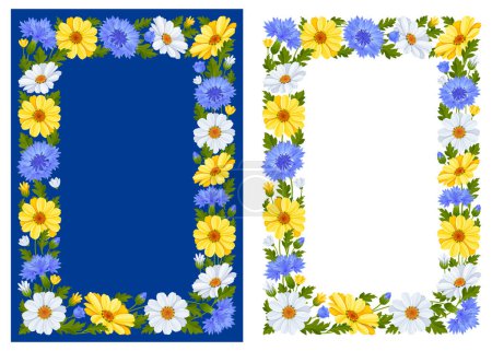 Ilustración de Marco rectangular con lindo patrón de acianos azules, flores de margarita amarillas y blancas, hojas y brotes aislados sobre un fondo blanco y azul. Relación de aspecto A4. Ilustración vectorial - Imagen libre de derechos