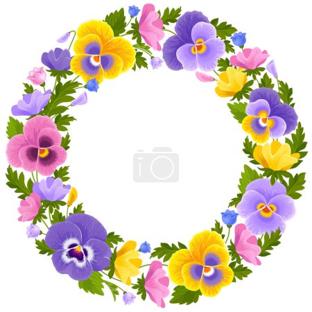 Illustration for Round frame with bright multicolor pansy flowers, buds and leaves isolated on a white background. Detailed botanical drawing in cartoon style. Vector illustration - Royalty Free Image