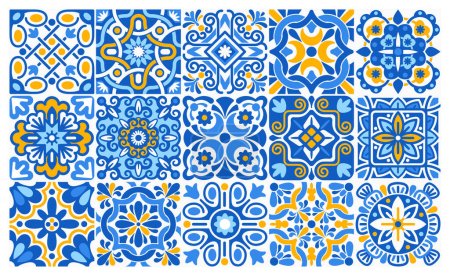 Illustration for Azulejo mosaic tiles, blue, white, yellow colors square patterns with floral motifs. Mediterranean, Portuguese, Spanish traditional vintage ceramic tilework. Arabesque ornament with flowers. Vector - Royalty Free Image