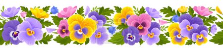 Illustration for Border with seamless pattern with bright multicolor pansy flowers, buds and leaves isolated on a white background. Detailed botanical drawing in cartoon style. Vector illustration - Royalty Free Image