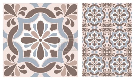 Illustration for Azulejo mosaic tile, square pattern with floral motifs, in beige colors. Mediterranean, Portuguese, Spanish traditional vintage ceramic tilework. Arabesque ornament with flowers. Vector illustration - Royalty Free Image