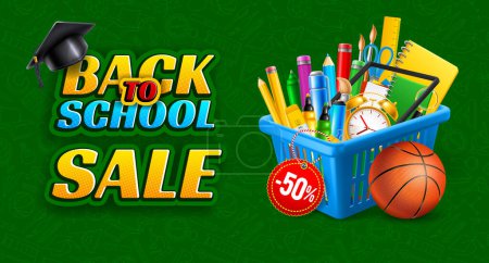 Illustration for Back to school sale. Advertising banner template with 3d realistic shopping basket full of stationery. Green background with hand drawn pattern on education theme. Vector illustration - Royalty Free Image