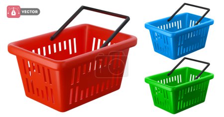 Illustration for Empty shopping basket set. Realistic 3d shopping cart in different colors, red, blue, green, isolated on white background. Vector illustration - Royalty Free Image