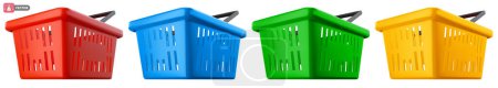 Ilustración de Juego de cesta de la compra vacía. Carro de compras 3D realista en diferentes colores, rojo, azul, verde, amarillo, aislado sobre fondo blanco. Ilustración vectorial - Imagen libre de derechos
