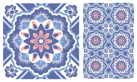 Téléchargez les illustrations : Carreaux de mosaïque azulejo, motifs carrés aux motifs floraux, aux couleurs bleu et blanc. Carrelage méditerranéen, portugais, espagnol traditionnel vintage en céramique. Ornement arabe avec des fleurs. Vecteur - en licence libre de droit