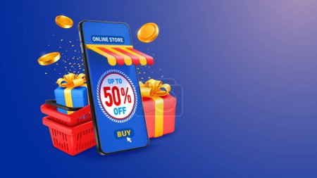 Online store in mobile phone, blue background. Shopping baskets, smartphone, gifts and golden coins. Conceptual design for shopping online, advertising of sale, discounts etc. Vector 3d illustration