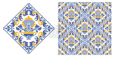 Illustration for Azulejo mosaic tiles, square patterns with floral motifs, in blue and white colors. Mediterranean, Portuguese, Spanish traditional vintage ceramic tilework. Arabesque ornament with flowers. Vector - Royalty Free Image