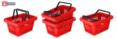 Illustration for Empty red shopping basket set. Realistic 3d shopping cart with handles, isolated on white background. Vector illustration - Royalty Free Image