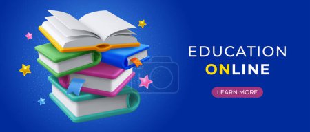 Illustration for Online education concept. Banner template with stack of closed paper books with a bookmarks and color covers on dark blue background. Open book on the top. 3d realistic vector illustration - Royalty Free Image