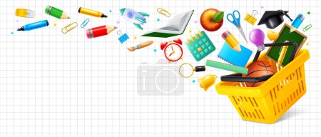 Photo for Back to school sale. Advertising banner template with 3d realistic shopping basket and stationery, flying into the cart. Checkered white paper background with space for text. Vector illustration - Royalty Free Image