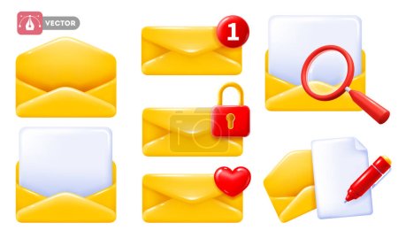 Illustration for Yellow postal envelopes icon set, email notifications, 3d realistic, minimal and glossy style, isolated on white background. Open, closed, with paper sheet and various objects. Vector illustration - Royalty Free Image