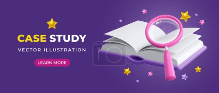 Illustration for 3d realistic magnifying glass and open book, minimalist and glossy style, purple background. Conceptual banner on case study or searching theme. Vector illustration - Royalty Free Image