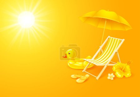 Téléchargez les illustrations : Modèle de bannière vacances d'été en couleurs jaunes avec accessoires de plage ou piscine. Chaise longue rayée, parapluie, tongs et anneau gonflable gai en forme de canard. Illustration 3D vectorielle réaliste - en licence libre de droit