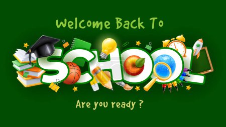 Illustration for Back to school. Greeting banner template with lettering and realistic 3d objects on education and science theme, supplies and stationeries on green background. Vector illustration - Royalty Free Image