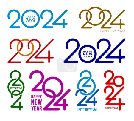 Set of 2024 Happy New Year digits designs. Big collection of 2024 logo for any web design and print templates, such as greeting cards, banners, diaries, notebooks, calendars. Vector illustration 