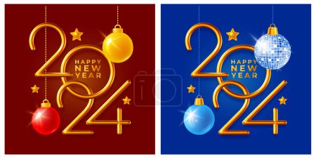 Illustration for 2024 New Year greeting cards, banner template set. Original composition with 3d realistic thin golden metallic numbers, sparkling festive balls and stars on blue and red square background. Vector - Royalty Free Image