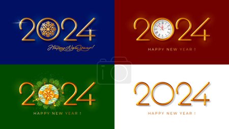 Illustration for 2024 New Year greeting cards, horizontal banners template set. 3d realistic thin golden metallic numbers 2024, clock, gift and snowflake on blue, red, green and white backgrounds. Vector illustration - Royalty Free Image