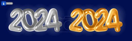 Illustration for 2024 New Year set. 3d realistic golden and silver glossy and shiny metallic numbers 2024, isolated on dark blue background. Vector illustration - Royalty Free Image