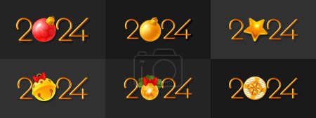Illustration for 2024 New Year numbers signs set. 3d realistic thin golden metallic numbers 2024 with christmas decorations, ball, gift, star and jingle bell, isolated on black background. Vector illustration - Royalty Free Image