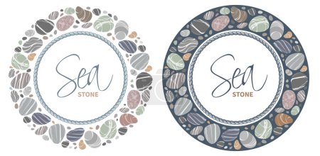 Photo for Set of circle frame with beach pebbles or sea stones in various shapes. Round border with striped textured sea rock pebbles and rope, isolated on white background. Vector illustration - Royalty Free Image