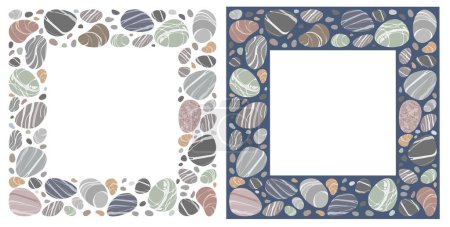 Photo for Set of square frame with beach pebbles or sea stones in various shapes. Border with striped textured sea rock pebbles and, isolated on white and blue background. Vector illustration - Royalty Free Image