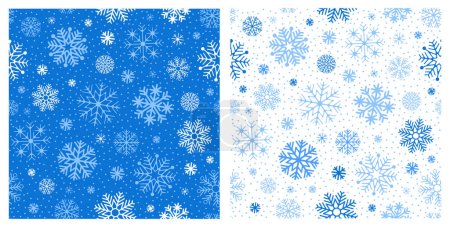 Ilustración de Patrones sin costuras de invierno con muchos copos de nieve diferentes en el fondo azul y blanco. Lindo papel pintado de Navidad y Año Nuevo, diseño de impresión para papel de paquete. Ilustración vectorial - Imagen libre de derechos