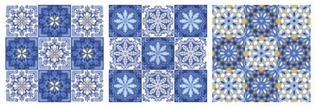 Illustration for Azulejo mosaic seamless patterns with floral motifs, blue and white colors. Mediterranean, Portuguese, Spanish traditional vintage ceramic tilework, arabesque ornament. Vector illustration - Royalty Free Image