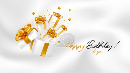 Photo for Happy Birthday greeting design. Luxury white satin background with 3d white gift boxes popping from big box with golden ribbon and bow. Birthday, anniversary celebration concept. Vector illustration - Royalty Free Image